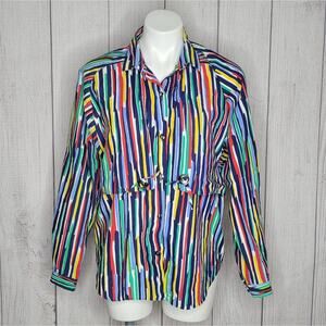 Vintage 90s Bright Striped Conch Detail Long Sleeve Western Button Down, size M